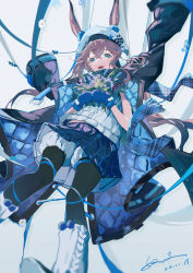 Rule 34 | 1girl, :d, absurdres, amiya (arknights), animal ears, arknights, black coat, black pantyhose, bloomers, blue eyes, blue mittens, blue skirt, boots, bouquet, brown hair, coat, coat on shoulders, dated, ears through headwear, flower, hat, highres, holding, holding bouquet, knee boots, long hair, looking at viewer, miniskirt, mittens, nu liang 016, open clothes, open coat, open mouth, pantyhose, purple flower, rabbit ears, shirt, signature, simple background, skirt, smile, solo, thighlet, underwear, upskirt, very long hair, white background, white footwear, white hat, white shirt