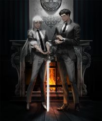 Rule 34 | 1boy, 1girl, arm tattoo, black hair, black necktie, blackbox (blackbox9158), collared shirt, commentary request, dress shoes, expressionless, fireplace, formal, glowing, glowing sword, glowing weapon, grey eyes, high heels, jung heewon, korean commentary, lee hyunsung, light particles, long hair, looking at viewer, necktie, omniscient reader&#039;s viewpoint, pant suit, pants, shield, shirt, short hair, silver hair, sleeves rolled up, smile, striped wall, suit, tattoo, tuxedo, waistcoat, watch, weapon, white shirt, wooden floor