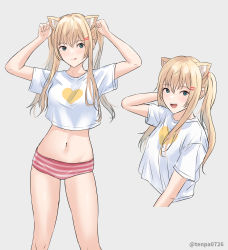 Rule 34 | 1girl, absurdres, animal ears, artist name, bad id, bad pixiv id, blonde hair, cat ears, commentary request, crop top, green eyes, grey background, hair ornament, hairclip, heart, heart print, highres, multiple views, navel, open mouth, original, panties, shirt, short sleeves, simple background, striped clothes, striped panties, t-shirt, teeth, tenpa (tenpa2190), tongue, tongue out, twintails, twitter username, underwear, upper teeth only, watermark, white shirt
