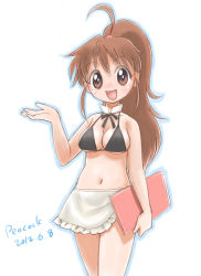 Rule 34 | 1girl, apron, bikini, bikini top only, breasts, brown eyes, brown hair, cleavage, detached collar, long hair, navel, peacock (p-location), ponytail, simple background, solo, swimsuit, taneshima popura, waitress, white background, working!!