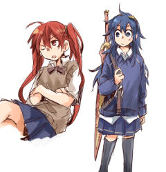 Rule 34 | 2girls, alternate costume, blue eyes, blue hair, blue skirt, blue sweater, brown vest, falchion (fire emblem), fire emblem, fire emblem awakening, hair between eyes, holding, holding sword, holding weapon, long hair, looking at another, lucina (fire emblem), multiple girls, nintendo, red eyes, red hair, school uniform, severa (fire emblem), sheath, sheathed, shippo3101, skirt, sweater, sword, thighhighs, twintails, vest, weapon, white background