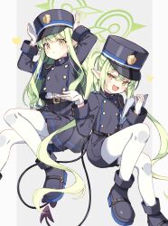 Rule 34 | 2girls, :d, belt, black belt, black footwear, black jacket, black skirt, blue archive, blue hat, blush, buttoned cuffs, buttons, commentary, demon tail, double-breasted, earrings, fang, foot out of frame, green hair, grey background, hair between eyes, halo, hat, highres, hikari (blue archive), holding, holding tablet pc, hugging object, jacket, jewelry, knees together feet apart, long hair, looking at viewer, miniskirt, multiple girls, nozomi (blue archive), open mouth, outside border, pantyhose, pillarboxed, pleated skirt, pointy ears, rabbit pose, shako cap, shirt, shirt overhang, shoes, shoulder boards, siblings, simple background, sisters, skin fang, skirt, sleeve cuffs, smile, smug, straight hair, tablet pc, tail, twins, twintails, white pantyhose, white shirt, yellow eyes, zoirun