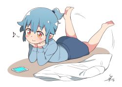 Rule 34 | 1girl, barefoot, blue hair, blue shirt, blue skirt, blush, cellphone, commentary request, feet up, head rest, highres, humming, lab coat, long sleeves, lying, on stomach, orange eyes, pencil skirt, personification, phone, revision, shirt, short ponytail, sidelocks, signature, skirt, smartphone, solo, tsukigi, twitter, twitter-san, twitter-san (character)