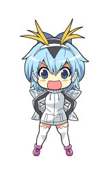 Rule 34 | 10s, 1girl, blue eyes, blue hair, bow, cirno, colonel aki, cosplay, hair bow, hairband, hands on own hips, hood, hood up, hoodie, ice, ice wings, kemono friends, long sleeves, royal penguin (kemono friends), royal penguin (kemono friends) (cosplay), short hair, smile, solo, thighhighs, touhou, white background, wings