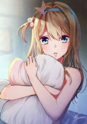 Rule 34 | 1girl, blonde hair, blue eyes, blue hairband, blush, commentary request, girls&#039; frontline, hair ornament, hairband, kodama (koda mat), long hair, looking at viewer, nude, hugging object, one side up, pillow, pillow hug, signature, snowflake hair ornament, solo, suomi (girls&#039; frontline), upper body