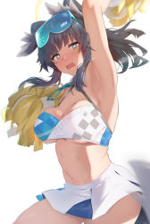Rule 34 | 1girl, animal ears, arm up, armpits, bare shoulders, blue archive, blush, breasts, cheerleader, cleavage, dog ears, dog girl, dog tail, eyewear on head, goggles, goggles on head, halo, hibiki (blue archive), hibiki (cheer squad) (blue archive), highres, holding, holding pom poms, kurowa, large breasts, long hair, looking at viewer, millennium cheerleader outfit (blue archive), navel, open mouth, pom pom (cheerleading), pom poms, solo, sticker on arm, sticker on face, tail
