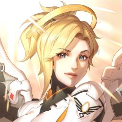 Rule 34 | 1girl, anotherred, armor, blonde hair, blue eyes, closed mouth, doctor, glowing, halo, highres, lips, looking at viewer, medic, medium hair, mercy (overwatch), overwatch, overwatch 1, solo, upper body, wings