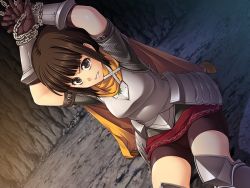 Rule 34 | 1girl, angry, armor, arms up, benimura karu, bike shorts, bound, breasts, brown eyes, brown hair, bunny black, cape, game cg, gloves, looking up, shadow, short hair, sitting, slave, solo, tied up