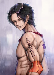 Rule 34 | 1boy, abs, back tattoo, beads, black hair, brown eyes, elbow pads, freckles, highres, looking back, male focus, muscular, one piece, portgas d. ace, prayer beads, rain, topless male, short hair, smile, solo, tattoo, upper body, yumiyokiak
