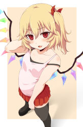 Rule 34 | 1girl, :d, alternate costume, bare shoulders, black thighhighs, blonde hair, blush, camisole, collarbone, fang, fangs, flandre scarlet, from above, hair between eyes, highres, looking at viewer, miniskirt, naname ushiro, open mouth, red eyes, red skirt, shoes, skirt, smile, solo, standing, thighhighs, touhou, wings, zettai ryouiki