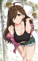 Rule 34 | 1girl, absurdres, ahoge, black tank top, breasts, brown eyes, brown hair, cleavage, collarbone, contemporary, cross, cross earrings, earrings, hair over one eye, hand on own thigh, highres, hip focus, jewelry, kono subarashii sekai ni shukufuku wo!, large breasts, leaning forward, long hair, looking at viewer, outdoors, plant, sendo (sendrawz), shirt, short shorts, shorts, smile, solo, tank top, taut clothes, taut shirt, thighs, wiz (konosuba)