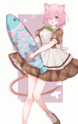 Rule 34 | 1girl, :o, animal ear fluff, animal ears, apron, bare legs, blush, bow, bowtie, brown footwear, brown skirt, brown sleeves, cat ears, cat girl, cat tail, fate/grand order, fate (series), green bow, green bowtie, hair over one eye, harukappa, highres, holding, kemonomimi mode, mash kyrielight, miniskirt, official alternate costume, open mouth, pink hair, plaid, plaid skirt, purple eyes, short hair, short sleeves, skirt, socks, solo, standing, tail, white apron, white socks