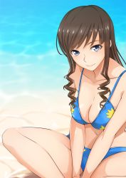 Rule 34 | 1girl, amagami, bare arms, bare legs, bare shoulders, beach, between legs, bikini, blue bikini, blue eyes, breasts, brown hair, cleavage, closed mouth, collarbone, drill hair, hand between legs, highres, kishida-shiki, knees apart feet together, long hair, looking at viewer, medium breasts, morishima haruka, navel, ocean, outdoors, sand, shore, sitting, smile, solo, spread legs, stomach, swimsuit, twin drills, v arms, water