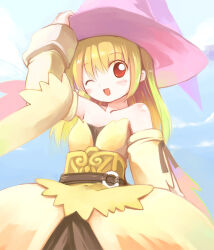 Rule 34 | 1girl, :d, bare shoulders, belt, blonde hair, blush, breasts, brown belt, cloud, commentary request, corriedale (fantasy earth zero), cowboy shot, detached sleeves, dress, emurin, fantasy earth zero, hand on headwear, hat, highres, long hair, looking at viewer, medium breasts, one eye closed, open mouth, pink hat, red eyes, smile, solo, strapless, strapless dress, witch hat, yellow dress, yellow sleeves