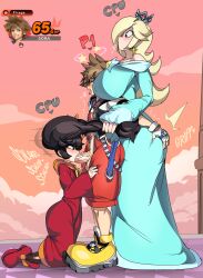 Rule 34 | 1boy, 2girls, absurdres, afterimage, ashley (warioware), ass grab, assisted fellatio, bisexual female, black hair, blonde hair, blue dress, blue eyes, blush, breasts, brown hair, captain kirb, dress, drooling, earrings, fellatio, fingerless gloves, from side, full body, gameplay mechanics, gloves, grabbing another&#039;s ass, grabbing another&#039;s hair, half-closed eyes, highres, huge breasts, jewelry, kingdom hearts, kneeling, long hair, long sleeves, looking at another, mario (series), motion lines, multiple girls, nintendo, open mouth, oral, penis, profile, pulling another&#039;s hair, red dress, red eyes, red footwear, rosalina, saliva, saliva trail, shoes, short hair, short jumpsuit, size difference, sneakers, sora (kingdom hearts), standing, star (symbol), star earrings, super mario galaxy, super smash bros., taller female, tongue, tongue out, twintails, uncensored, unzipped, warioware, white gloves, wide-eyed, yellow footwear, zipper