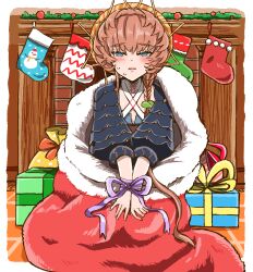 Rule 34 | 1girl, bag, blue eyes, blue overalls, blush, bound, bound wrists, braid, brown hair, christmas present, christmas stocking, crown braid, fate/grand order, fate (series), fireplace, flat chest, gift, highres, in bag, in container, indoors, long hair, overalls, parted lips, sack, shimogamo (shimomo 12), side braid, solo, van gogh (fate)