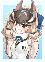 Rule 34 | 1girl, animal ears, blue background, brown eyes, brown hair, chipmunk ears, chipmunk girl, chipmunk tail, extra ears, gloves, highres, kemono friends, kemono friends v project, looking at viewer, microphone, orange ardy1203, ribbon, shirt, short hair, siberian chipmunk (kemono friends), simple background, solo, tail, upper body, vest, virtual youtuber