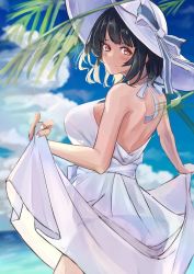 Rule 34 | 1girl, bare back, black hair, blue sky, breasts, cloud, cowboy shot, day, dress, from behind, hat, highres, horizon, kantai collection, large breasts, looking at viewer, looking back, ocean, outdoors, panda (heart sink), red eyes, short hair, skirt hold, sky, solo, sun hat, sundress, takao (kancolle), white dress, white hat
