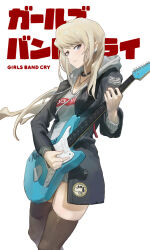 Rule 34 | 1girl, absurdres, black choker, black jacket, black thighhighs, blonde hair, choker, closed mouth, commentary request, copyright name, drawstring, earclip, electric guitar, girls band cry, grey eyes, guitar, highres, hood, hoodie, instrument, jacket, jewelry, jimizuai-, kawaragi momoka, long hair, looking at viewer, necklace, open clothes, open jacket, playing guitar, simple background, skindentation, smile, solo, thighhighs, white background, white hoodie