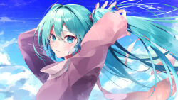 Rule 34 | 1girl, alternate costume, aqua eyes, aqua hair, arms up, blue sky, blush, breath, cold, commentary, english commentary, from side, hair between eyes, hatsune miku, highres, long hair, long sleeves, looking at viewer, parted lips, pink sweater, sky, solo, sugisoar, sweater, tucking hair, twintails, upper body, very long hair, vocaloid