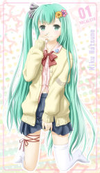 Rule 34 | 1girl, bad id, bad nicoseiga id, bow, bowtie, cardigan, character name, flower, funyo, green eyes, green hair, hair flower, hair ornament, hatsune miku, highres, kneeling, long hair, matching hair/eyes, navel, open cardigan, open clothes, side ponytail, skirt, smile, solo, thighhighs, very long hair, vocaloid