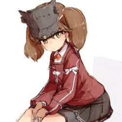 Rule 34 | 1girl, alchera, bad id, bad twitter id, black skirt, brown eyes, brown hair, japanese clothes, kantai collection, kariginu, looking at viewer, magatama, pleated skirt, red shirt, ryuujou (kancolle), shirt, simple background, sitting, skirt, solo, twintails, twitter username, v arms, visor cap, white background