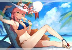 Rule 34 | 10s, 1girl, :p, animal ears, beach, bikini, bikini top only, blue bikini, blue sky, bow, bracelet, breasts, brown eyes, cleavage, cloud, day, fate/extra, fate (series), food, fox ears, fox tail, from side, hair between eyes, halterneck, hat, hat bow, highres, holding, holding food, ice cream, jewelry, large breasts, lens flare, long hair, looking at viewer, necklace, orange ribbon, outdoors, palm tree, pink hair, ribbon, shibainu, side-tie bikini bottom, sideboob, sitting, sky, solo, string bikini, striped, striped bow, sun hat, swimsuit, tail, tamamo (fate), tamamo no mae (fate/extra), tamamo no mae (swimsuit lancer) (fate), tamamo no mae (swimsuit lancer) (third ascension) (fate), tongue, tongue out, tree, underboob, white hat