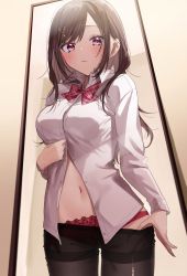 Rule 34 | 1girl, black pantyhose, blush, bow, bowtie, breasts, brown hair, chigusa minori, closed mouth, collared shirt, cowboy shot, hair ornament, hairclip, highres, lace, lace-trimmed panties, lace trim, large breasts, long hair, long sleeves, looking at viewer, mirror, navel, original, panties, pantyhose, partially unbuttoned, pink eyes, plaid, plaid bow, plaid bowtie, plaid neckwear, red bow, red bowtie, red panties, reflection, shirt, solo, torn clothes, torn pantyhose, underwear, white shirt