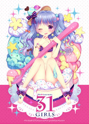 Rule 34 | 10s, 1girl, 2012, :q, bikini, blue hair, blush, bow, cover, cover page, food, hair bobbles, hair bow, hair ornament, heart, holding, holding spoon, ice cream, in food, long hair, mini person, minigirl, nail polish, original, oversized object, purple eyes, simple background, sitting, solo, spoon, star (symbol), striped bikini, striped clothes, swimsuit, tongue, tongue out, twintails, wasabi (sekai)