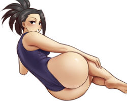 Rule 34 | 1girl, ass, ass focus, bare legs, black hair, blush, boku no hero academia, female focus, highres, jiuukek, looking at viewer, looking back, one-piece swimsuit, open mouth, sexually suggestive, simple background, soles, solo, swimsuit, wedgie, white background, yaoyorozu momo