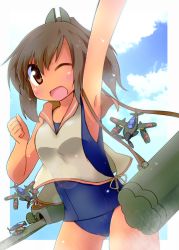 Rule 34 | 10s, 1girl, ;d, aircraft, airplane, armpits, brown eyes, brown hair, highres, i-401 (kancolle), kantai collection, looking at viewer, one eye closed, open mouth, outside border, ponytail, school swimsuit, school uniform, serafuku, smile, solo, swimsuit, swimsuit under clothes, yuuhi alpha