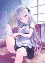 Rule 34 | 1girl, armlet, blush, breasts, cleavage, commentary request, couch, cowboy shot, dress, dressing, embarrassed, grey hair, hair over eyes, half updo, heart-shaped ornament, highres, indoors, jacket, unworn jacket, leg up, light particles, light rays, long hair, looking at viewer, maid, maid headdress, medium breasts, mole, mole under eye, on couch, original, panties, pantyshot, parufeito, plant, purple eyes, sitting, skindentation, sleeveless, sleeveless dress, solo, sunlight, thighhighs, unworn thighhighs, thighs, underwear, wavy mouth, white hair, white thighhighs, window
