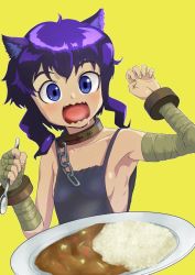 Rule 34 | 1girl, alternate hair color, animal ears, apron, armpits, bandaged arm, bandaged hand, bandages, bare shoulders, black apron, blue eyes, blush, breasts, cat ears, cat girl, chain, choker, cuffs, curry, curry rice, fangs, food, fran (tensei shitara ken deshita), hands up, holding, holding spoon, light blush, looking at food, medium hair, open mouth, plate, purple hair, rice, saliva, sideboob, simple background, slave clothes, small breasts, spoon, tensei shitara ken deshita, tongue, user cuun5275, yellow background