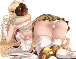 Rule 34 | 1girl, ahoge, anila (granblue fantasy), ass, blonde hair, breasts, brown eyes, draph, elbow gloves, from behind, gloves, granblue fantasy, hanging breasts, highres, horns, large breasts, long hair, maou (maoudaisukiya), panties, skirt, solo, thighhighs, thighs, underwear, white panties