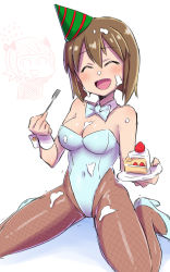 Rule 34 | :d, amami haruka, arm behind head, bare shoulders, bob cut, bow, bowtie, breasts, brown hair, cake, cleavage, closed eyes, cuff links, eating, embarrassed, fishnet legwear, fishnets, food, fork, green headwear, hagiwara yukiho, hair bow, hat, high heels, highleg, highleg leotard, highres, holding, holding food, holding fork, holding plate, ice cream, icing, idolmaster, idolmaster (classic), kneeling, konboi-eg, leotard, messy, nonowa, open mouth, pantyhose, party hat, plate, red stripes, shoes, short hair, simple background, sitting, smile, solo focus, strawberry shortcake, suggestive fluid, sweatdrop, wariza, white background, white footwear, white leotard, white neckwear, wrist cuffs