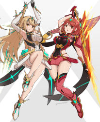 Rule 34 | 2girls, armpits, blonde hair, blush, boots, breasts, cleavage, cleavage cutout, clothing cutout, covered navel, dress, dual persona, elbow gloves, fingerless gloves, fire, gem, gloves, gonzarez, hair ornament, headpiece, highres, holding, holding sword, holding weapon, jewelry, large breasts, long hair, miniskirt, multiple girls, mythra (xenoblade), pyra (xenoblade), red eyes, red hair, red shorts, short hair, shorts, simple background, skindentation, skirt, sword, thighhighs, thighs, tiara, very long hair, weapon, white dress, xenoblade chronicles (series), xenoblade chronicles 2, yellow eyes