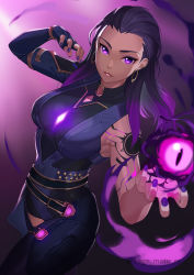 Rule 34 | absurdres, bodysuit, breasts, chest jewel, clothing cutout, earrings, elbow gloves, energy, energy ball, fingerless gloves, gloves, glowing, glowing eye, glowing eyes, highres, hoop earrings, jewelry, kagematsuri, lips, looking at viewer, medium breasts, nail polish, o-ring, o-ring top, parted lips, purple eyes, purple hair, reyna (valorant), sash, skindentation, slit pupils, solo, tattoo, thigh cutout, valorant
