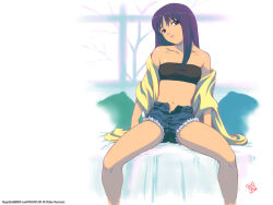 Rule 34 | 1girl, arm support, bandeau, bare shoulders, cutoffs, denim, denim shorts, indoors, kurusugawa ayaka, leaning back, long hair, midriff, official art, official wallpaper, purple eyes, purple hair, serious, shorts, sitting, solo, spread legs, strapless, to heart, to heart (series), tube top, wallpaper