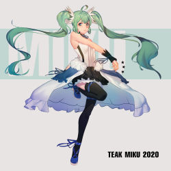 Rule 34 | 1girl, absurdres, ahoge, ankle ribbon, aqua eyes, aqua hair, artist name, black thighhighs, blue footwear, closed mouth, commentary request, dress, english text, fang, full body, hatsune miku, highres, leg ribbon, leg up, looking at viewer, ribbon, sidelocks, skin fang, skirt, sleeveless, sleeveless dress, solo, standing, standing on one leg, taek ten, thighhighs, twintails, vocaloid, wrist ribbon