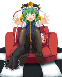 Rule 34 | 1girl, black pantyhose, chair, checkered floor, couch, crotch seam, closed eyes, feet, female focus, floor, foreshortening, full body, green hair, hainakku, hair bobbles, hair ornament, happy, hat, highres, onozuka komachi, open mouth, outstretched arms, panties, panties under pantyhose, pantyhose, perspective, reaching, red eyes, red hair, red upholstery, shiki eiki, short hair, sitting, skirt, skirt around one leg, unworn skirt, smile, solo, thighband pantyhose, touhou, twintails, two side up, underwear, yukkuri shiteitte ne