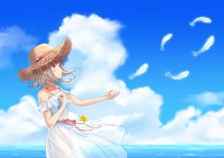 Rule 34 | 1girl, arata (xin), bad id, bad pixiv id, bare arms, bare shoulders, blue sky, breasts, clenched hand, commentary request, danganronpa (series), danganronpa 2: goodbye despair, day, dress, feathers, flipped hair, flying, hair ornament, hairclip, hat, highres, holding, horizon, jewelry, unworn jewelry, medium breasts, nanami chiaki, necklace, unworn necklace, ocean, pink eyes, pink hair, revision, see-through, short hair, short sleeves, sky, sleeveless, smile, solo, star (symbol), star necklace, sun hat, water, white dress, white feathers, wind