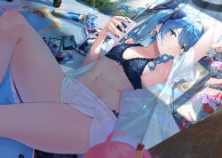 Rule 34 | 2girls, arm up, blue bra, blue eyes, blue hair, blue nails, bow, bra, cd case, cellphone, earrings, hair bow, holding, holding phone, hololive, hoshimachi suisei, jewelry, juice box, kinoko (shikimylove), looking at viewer, lying, microphone, multiple girls, navel, nintendo switch, on back, open clothes, open shirt, out of frame, phone, ring, sakura miko, sheet music, shirt, short shorts, shorts, side ponytail, smartphone, solo focus, star (symbol), star earrings, stomach, thighs, underwear, virtual youtuber, white shirt, white shorts