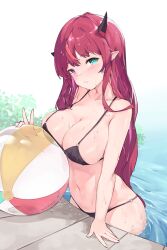 Rule 34 | 1girl, :/, artist name, ball, bare arms, bare shoulders, beachball, bikini, black bikini, black horns, blush, breast press, breasts, closed mouth, collarbone, green eyes, heterochromia, highres, holding, holding ball, holding beachball, hololive, hololive english, horns, irys (hololive), large breasts, long hair, looking at viewer, multicolored hair, namiorii, navel, o-ring, o-ring bikini, pointy ears, pool, purple eyes, purple hair, red hair, solo, stomach, streaked hair, swimsuit, v, very long hair, virtual youtuber, w, wading, water, wet