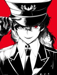 1boy amamiya_ren balloooonfish collared_shirt commentary crossdressing fangs gloves greyscale hair_between_eyes hand_on_headwear hat highres jacket long_hair looking_at_viewer male_focus monochrome necktie open_mouth peaked_cap persona persona_5 persona_5:_dancing_star_night persona_dancing red_background shirt simple_background solo spot_color symbol-only_commentary upper_body