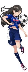 Rule 34 | 10s, 1girl, artist request, ball, black hair, blue shorts, blue socks, blush, brown eyes, cleats, clenched teeth, clothes writing, emblem, full body, girls und panzer, j. league, jersey, kneehighs, leg up, long hair, midriff peek, mito hollyhock, navel, nishi kinuyo, one eye closed, parted lips, pink footwear, shiny skin, shoes, short sleeves, shorts, simple background, soccer, soccer ball, soccer uniform, socks, solo, source request, sportswear, stomach, teeth, transparent background, white background