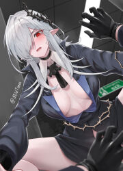 Rule 34 | 1boy, 1girl, arknights, ascot, black dress, black gloves, breasts, center opening, doctor (arknights), dress, girl on top, gladiia (arknights), gladiia (i am the tides) (arknights), gloves, grey hair, hair over one eye, highres, holding, long hair, looking at viewer, medium breasts, mildt, multiple girls, navel, pointy ears, red eyes, shirt, simple background, solo focus, very long hair, white background, white hair