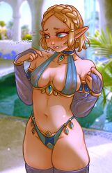 Rule 34 | 1girl, alternate costume, armlet, averting eyes, bare shoulders, blonde hair, blurry, blurry background, blush, bracelet, braid, breasts, bridal gauntlets, chiffonfae, commentary, covered erect nipples, crown braid, detached sleeves, earrings, embarrassed, english commentary, english text, forehead, green eyes, hair ornament, hair tubes, hairclip, highres, hoop earrings, jewelry, legs together, making-of available, medium breasts, navel, nintendo, nipples, pointy ears, princess zelda, purple sleeves, purple thighhighs, see-through, short hair, solo, sweatdrop, the legend of zelda, the legend of zelda: tears of the kingdom, thick thighs, thighhighs, thighs