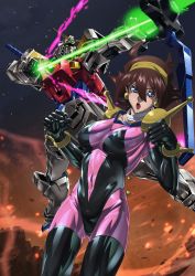 Rule 34 | 1girl, absurdres, blue eyes, breasts, brown hair, clenched hand, covered navel, energy arrow, g gundam, gundam, hairband, highres, looking at viewer, mecha, medium breasts, mobile trace suit, open mouth, paintedmike, rain mikamura, rising gundam, robot, short hair, skin tight, yellow hairband