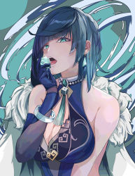 Rule 34 | 1girl, bare shoulders, black gloves, blue dress, blue hair, bob cut, bracelet, braid, breasts, cleavage, diagonal bangs, dress, earrings, elbow gloves, fur-trimmed jacket, fur trim, genshin impact, gloves, green eyes, hand to own mouth, highres, holding dice, jacket, jacket on shoulders, jewelry, kurony (sirony), large breasts, mole, mole on breast, neck tassel, open mouth, short hair, single elbow glove, sleeveless, sleeveless dress, upper body, white jacket, yelan (genshin impact)