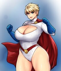 Rule 34 | 1girl, alternate hair length, alternate hairstyle, blonde hair, blue eyes, blue gloves, breasts, cape, cleavage cutout, clothing cutout, covered navel, dc comics, erkaz, gloves, gradient background, hands up, highleg, highleg leotard, highres, huge breasts, leotard, looking at viewer, parted lips, power girl, red cape, short hair, smile, solo, superman (series), white leotard